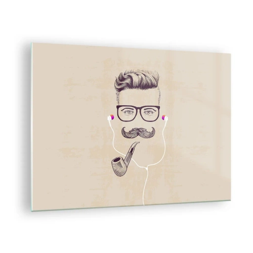 Quadro su vetro - Disegno di un uomo stilizzato con occhiali, baffi e pipa. - 70x50cm - Un vero uomo? - Decorazione murale moderna per soggiorno e camera da letto ARTTOR