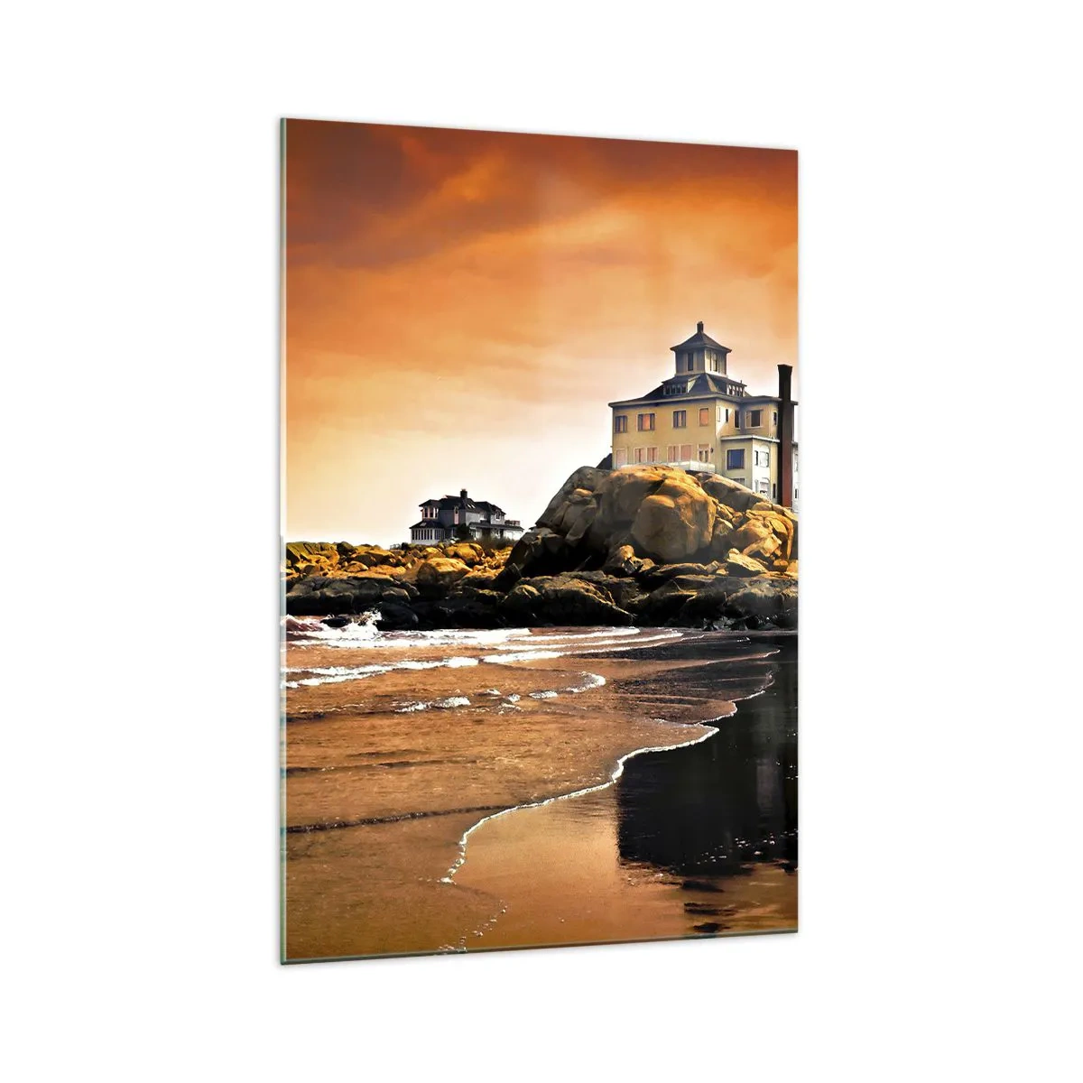 Quadro su vetro - Una casa su una roccia vicino alla spiaggia al tramonto con il suo riflesso nell'acqua - 70x100cm - L'eleganza della costa ovest - Decorazione murale moderna per soggiorno e camera da letto ARTTOR