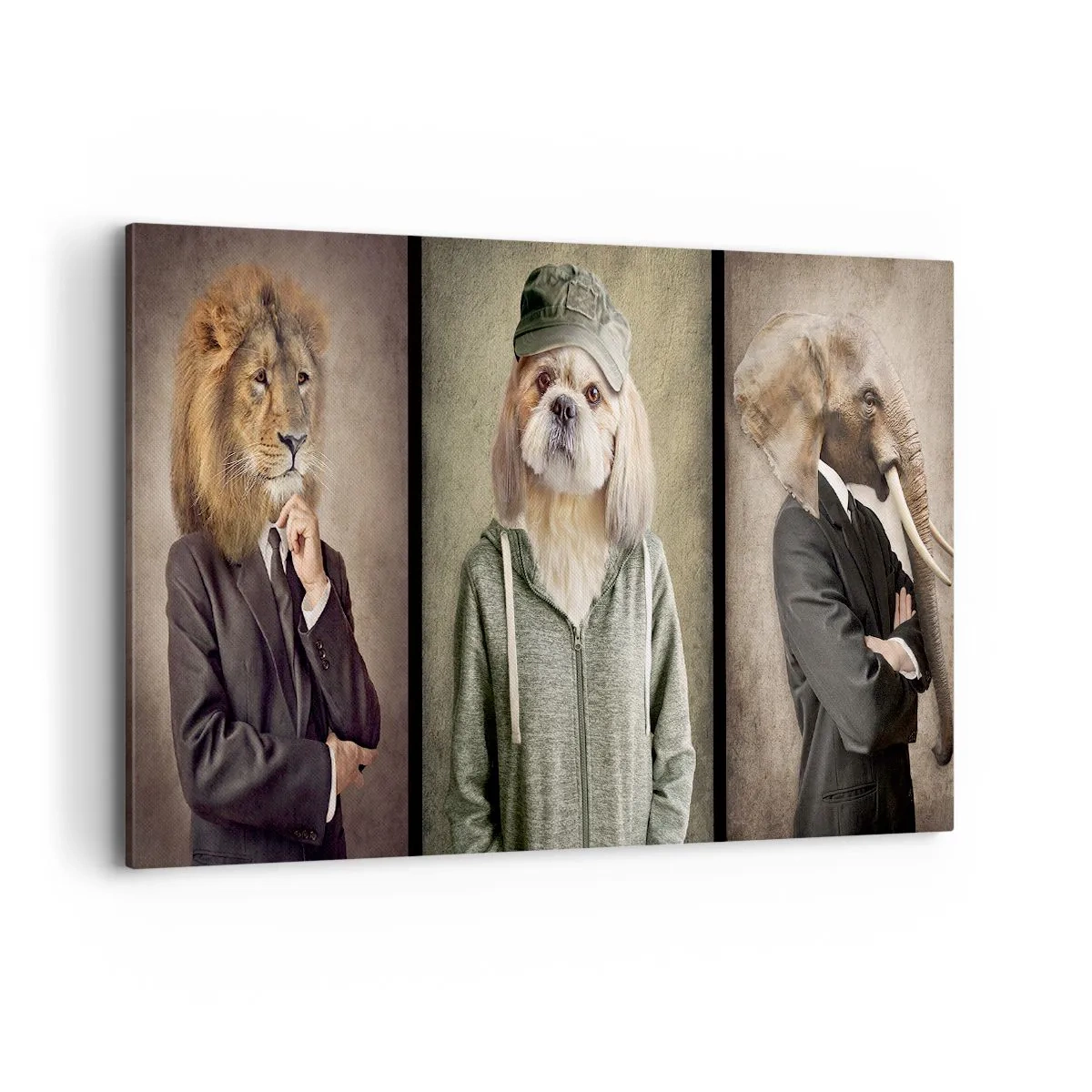 Quadro su tela - Stampe su Tela - Ritratti stilizzati di un leone, un cane e un elefante in abiti eleganti - 120x80cm - Preferisco casual - Decorazione murale moderna per soggiorno e camera da letto ARTTOR