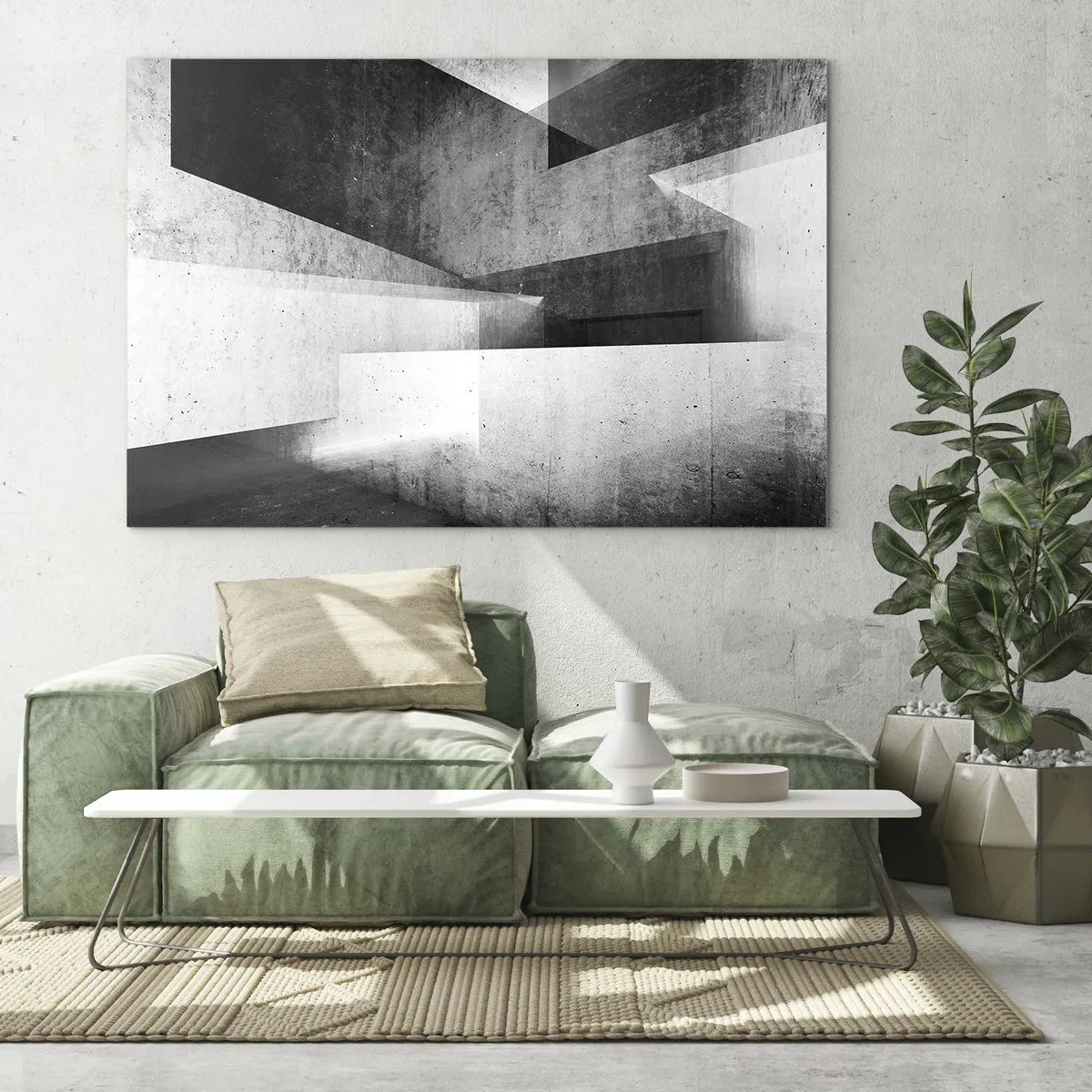 Quadro su vetro - Forme geometriche in cemento nei toni del bianco e del nero - 100x70cm - La struttura dello spazio - Decorazione murale moderna per soggiorno e camera da letto ARTTOR