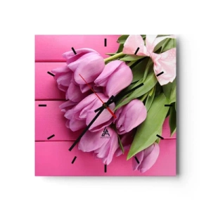 Orologio da parete - Orologio in Vetro - Un mazzo di tulipani rosa con un fiocco su uno sfondo rosa - 30x30cm - Proprio per te - Decorazione murale moderna per soggiorno e camera da letto ARTTOR