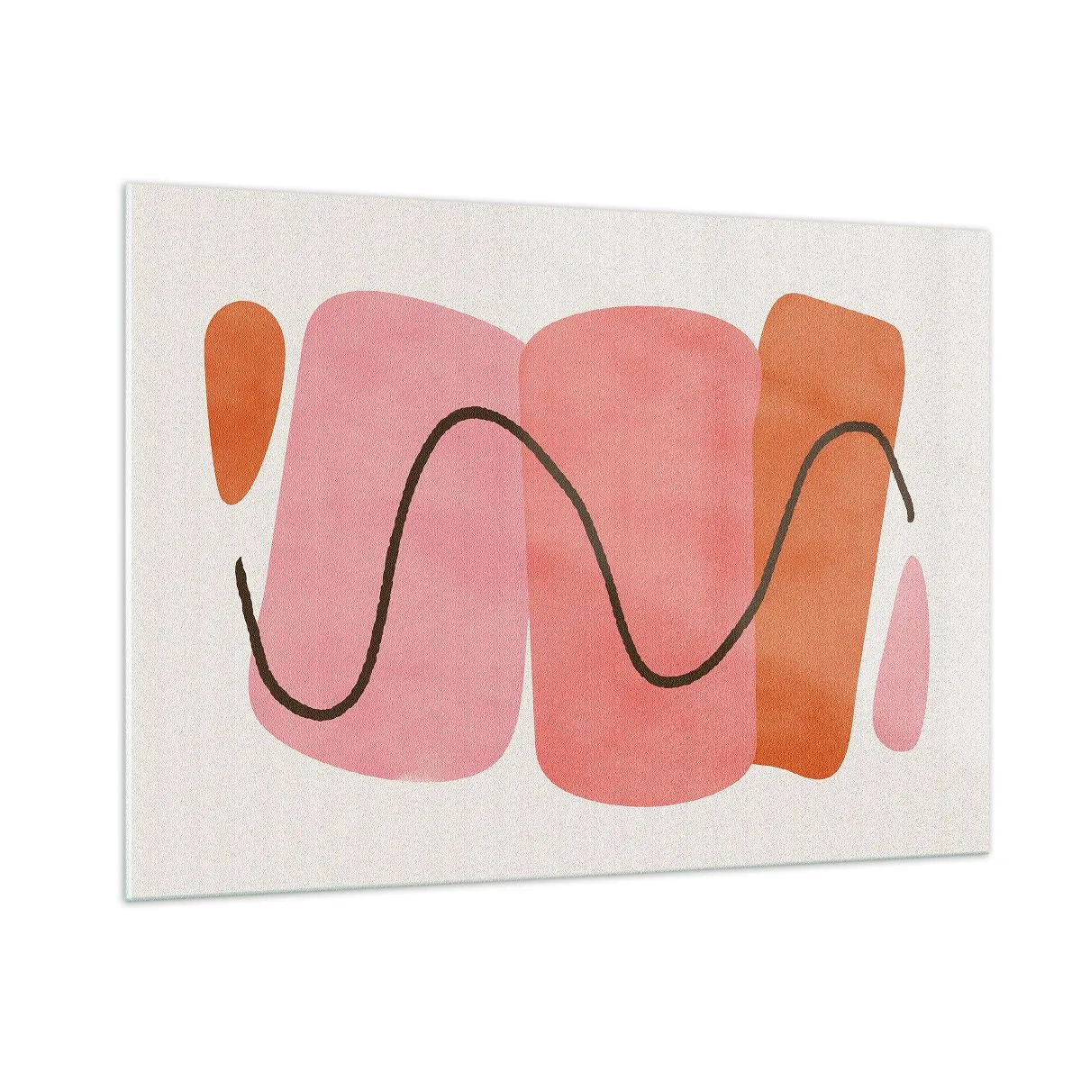 Quadro su vetro - Forme astratte in rosa e arancione con una linea nera - 100x70cm - Il delicato movimento delle forme - Decorazione murale moderna per soggiorno e camera da letto ARTTOR