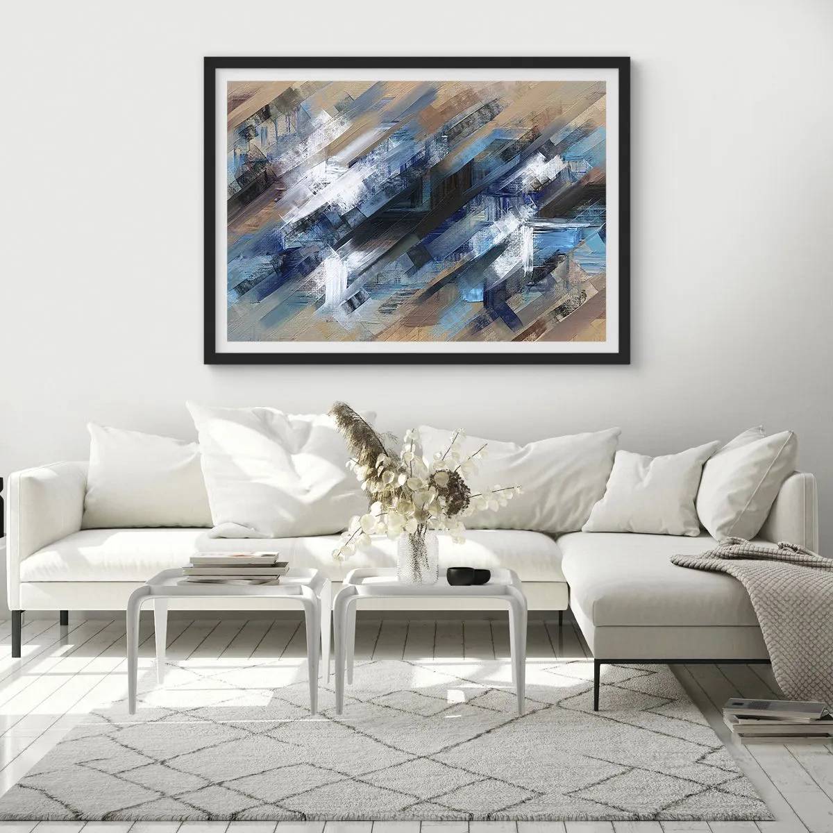 Poster in cornice nera - Composizione astratta con linee diagonali blu - 70x50cm - Sulla diagonale blu - Decorazione murale moderna per soggiorno e camera da letto ARTTOR