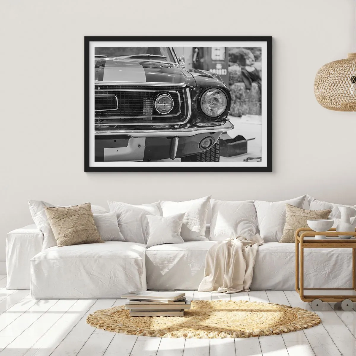 Poster in cornice nera - Cofano di un'auto classica in bianco e nero - 70x50cm - A rotta di collo - Decorazione murale moderna per soggiorno e camera da letto ARTTOR