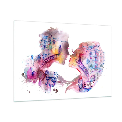 Quadro su vetro - Illustrazione di un ritratto astratto di due persone a forma di cuore - 100x70cm - Misterioso ponte dei sospiri - Decorazione murale moderna per soggiorno e camera da letto ARTTOR