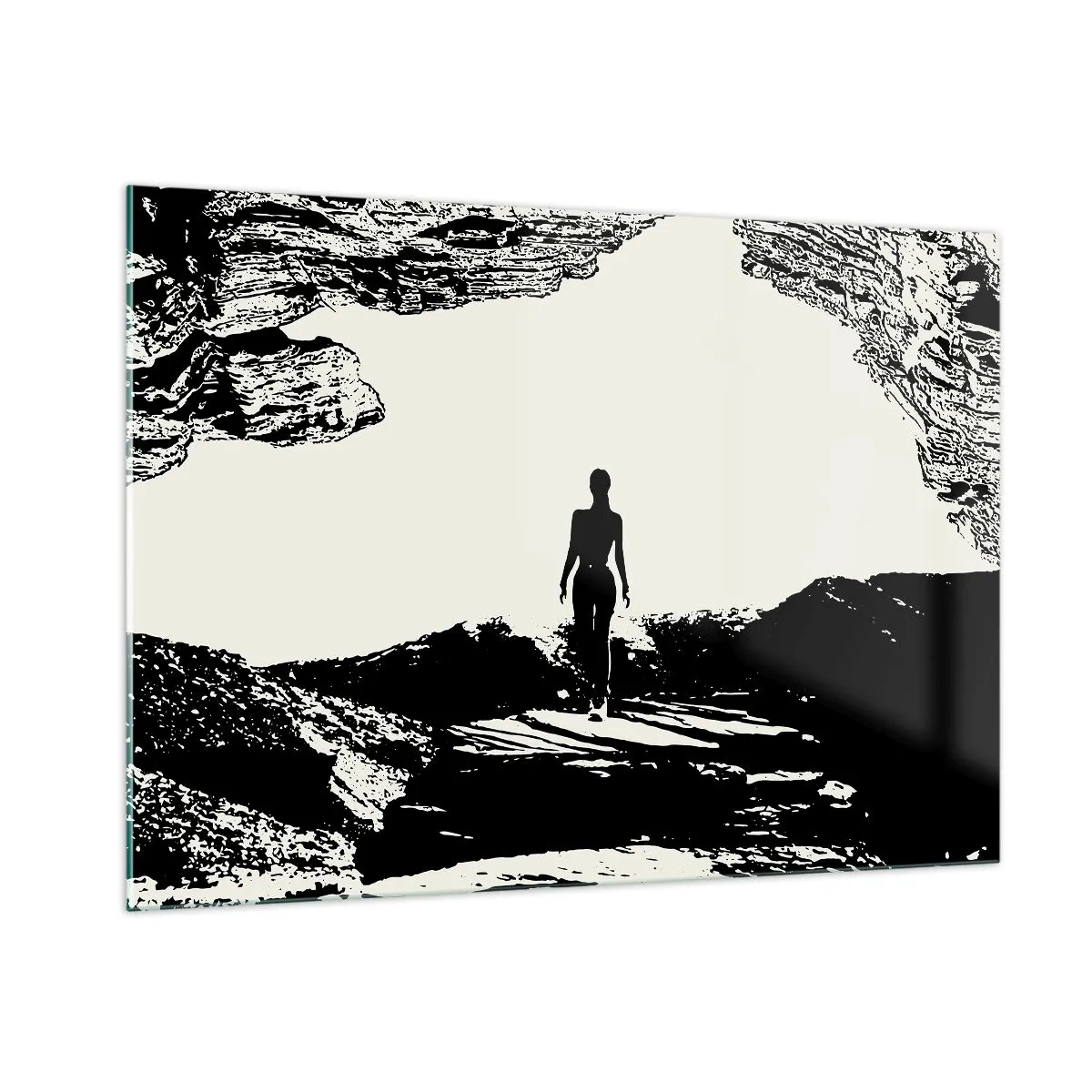Quadro su vetro - Silhouette di una donna che emerge da una grotta in grafica in bianco e nero - 100x70cm - Un nuovo sguardo - Decorazione murale moderna per soggiorno e camera da letto ARTTOR