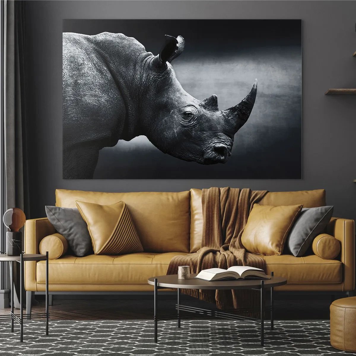 Quadro su vetro - Ripresa in bianco e nero di un rinoceronte - 70x50cm - Profilo destro - Decorazione murale moderna per soggiorno e camera da letto ARTTOR