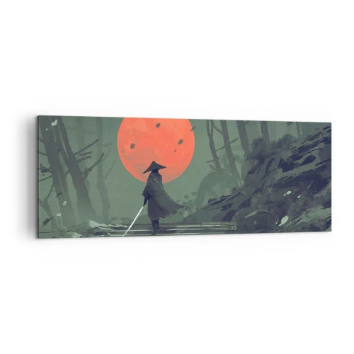 Quadro su tela - Stampe su Tela - Un guerriero solitario con una spada sullo sfondo di una luna rossa in una foresta oscura. - 140x50cm - Il guerriero della luna rossa - Decorazione murale moderna per soggiorno e camera da letto ARTTOR