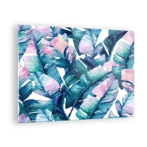 Quadro su vetro - Foglie di banano in tonalità pastello su sfondo bianco - 70x50cm - Nel bananeto - Decorazione murale moderna per soggiorno e camera da letto ARTTOR