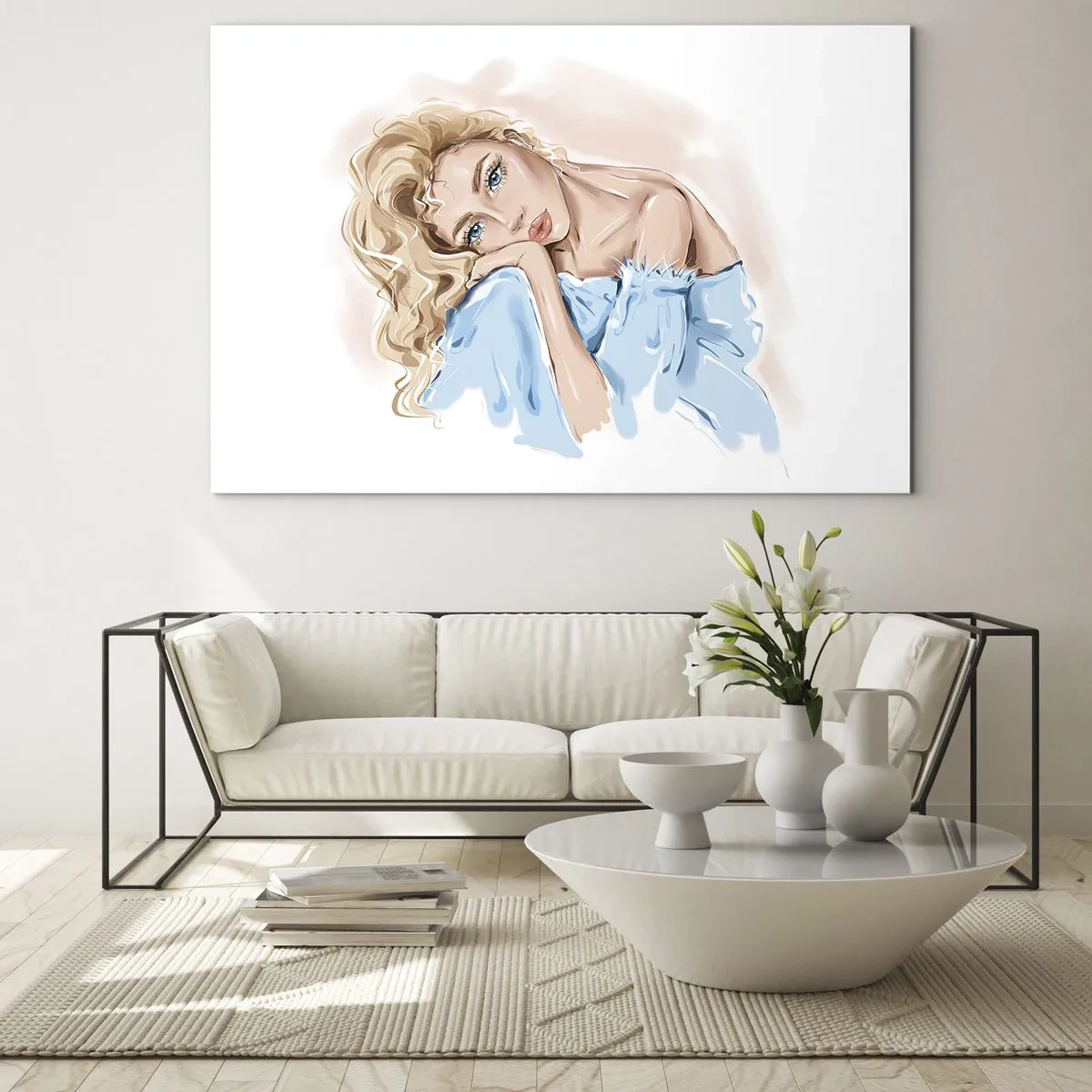 Quadro su vetro - Ritratto di una bionda in abito blu con sguardo pensieroso - 100x70cm - Sognante nel blu - Decorazione murale moderna per soggiorno e camera da letto ARTTOR