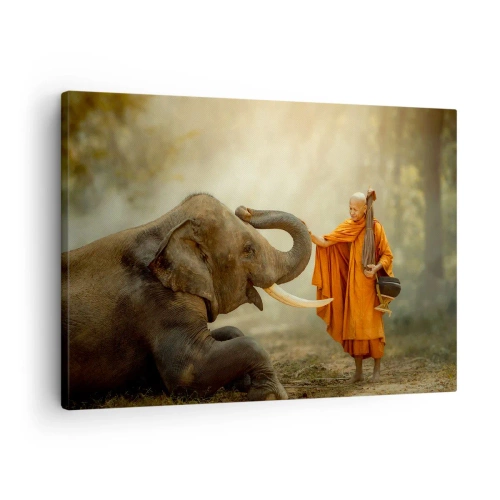Quadro su tela - Stampe su Tela - Un monaco e un elefante in armonia sullo sfondo della natura - 70x50cm - Incontro nel viaggio - Decorazione murale moderna per soggiorno e camera da letto ARTTOR