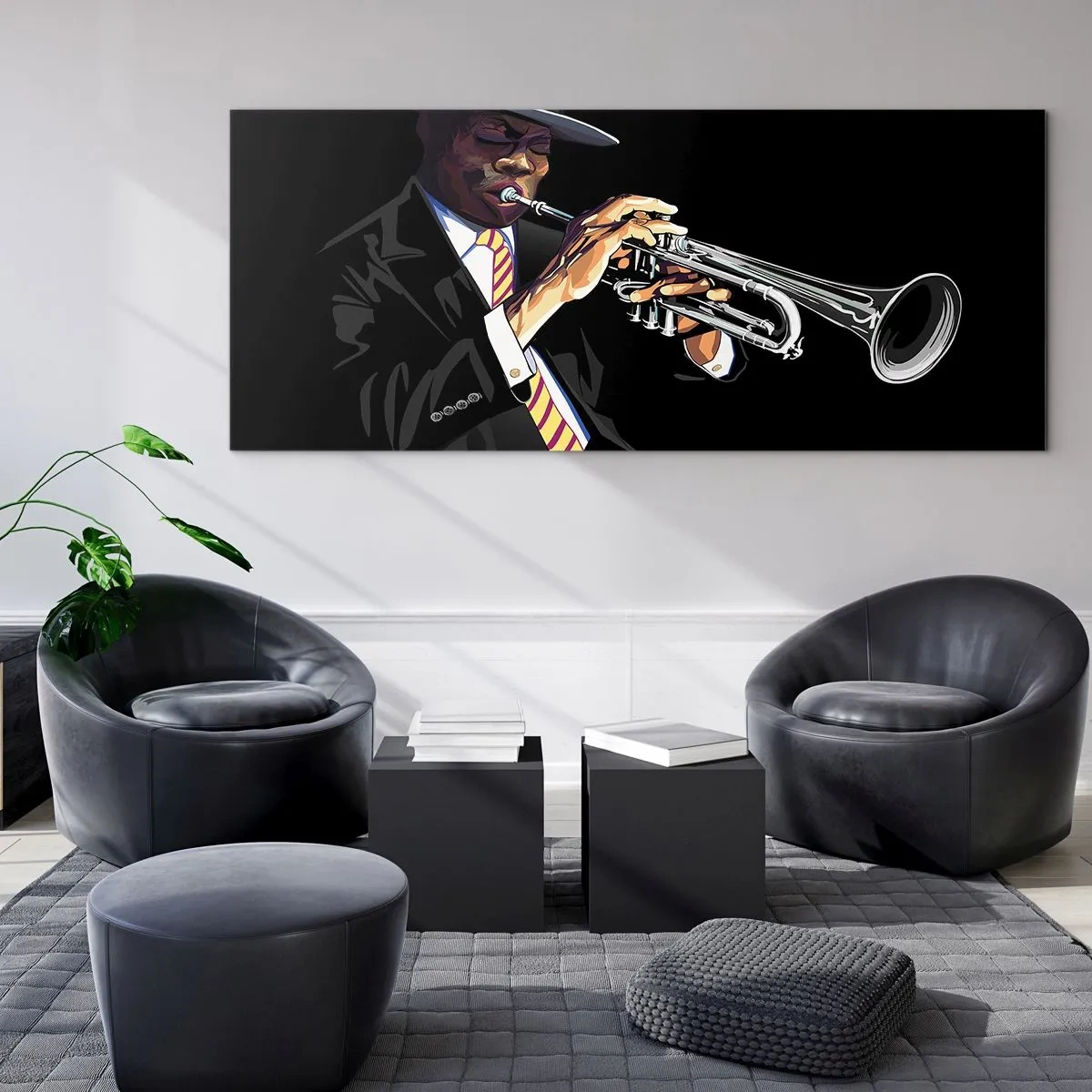 Quadro su vetro - Un musicista che suona la tromba su uno sfondo nero - 140x50cm - Il fascino della Old School - Decorazione murale moderna per soggiorno e camera da letto ARTTOR