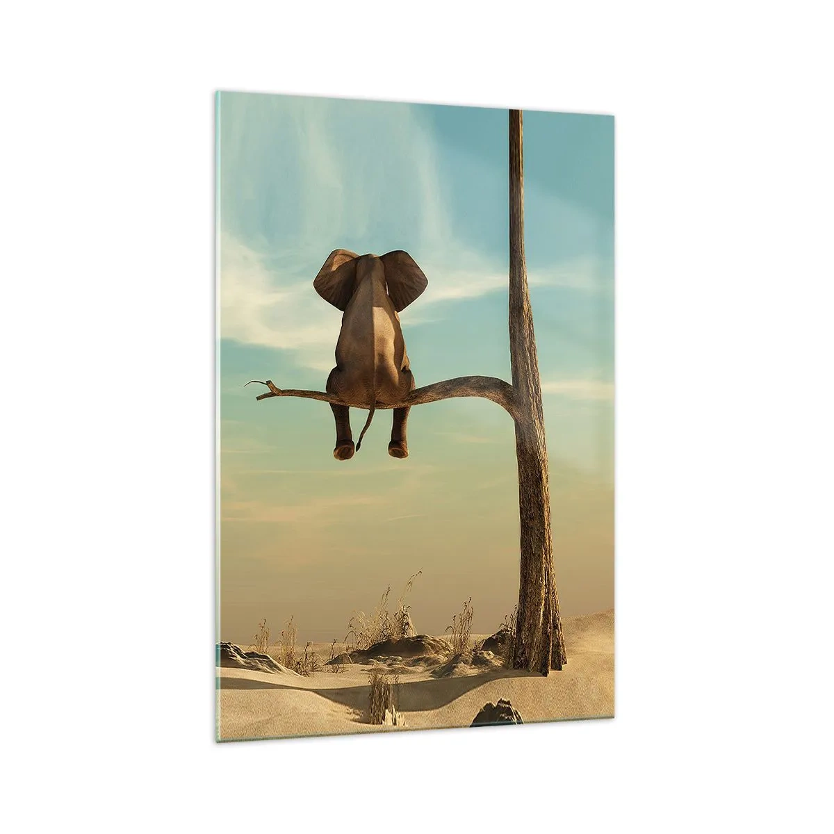 Quadro su vetro - Un elefante seduto su un ramo che domina un paesaggio desertico - 70x100cm - Nuovo punto di vista - Decorazione murale moderna per soggiorno e camera da letto ARTTOR
