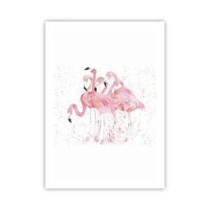 Poster - Un gruppo di fenicotteri rosa su uno sfondo bianco - 50x70cm - Gruppo in rosa - Decorazione murale moderna per soggiorno e camera da letto ARTTOR