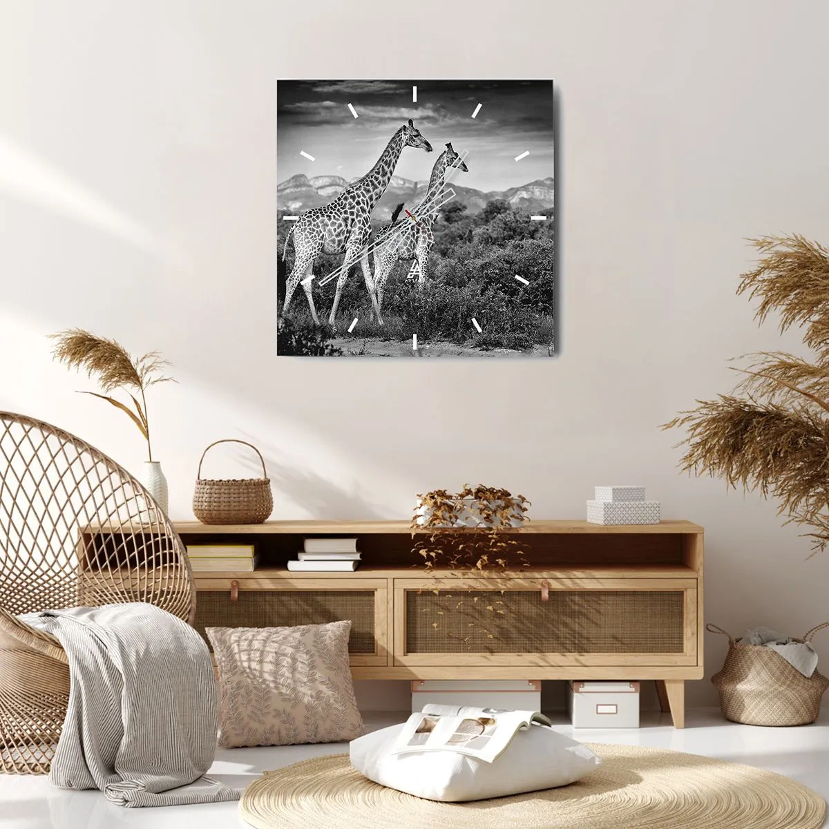Orologio da parete - Orologio in Vetro - Sagome in bianco e nero di due giraffe nella savana - 30x30cm - Alta classe in Africa - Decorazione murale moderna per soggiorno e camera da letto ARTTOR