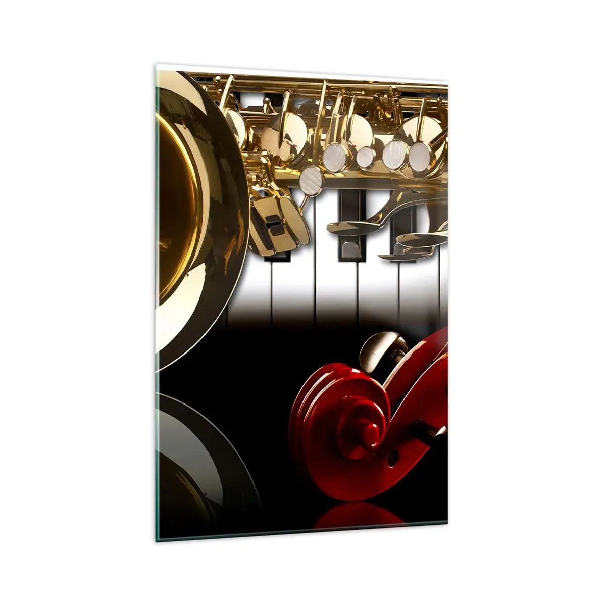 Quadro su vetro - Un sassofono dorato, tasti di pianoforte e un violino rosso - 80x120cm - Metallo, legno e avorio - Decorazione murale moderna per soggiorno e camera da letto ARTTOR