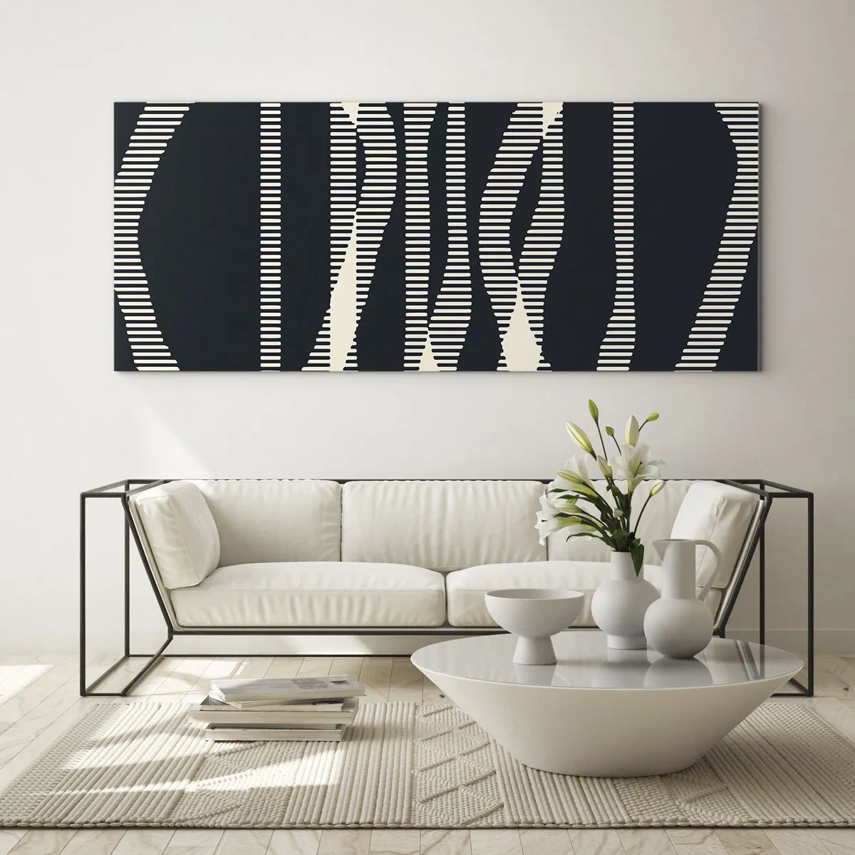 Quadro su vetro - Linee geometriche in tonalità chiare su sfondo scuro - 160x50cm - Tentativo di rompere l'oscurità - Decorazione murale moderna per soggiorno e camera da letto ARTTOR