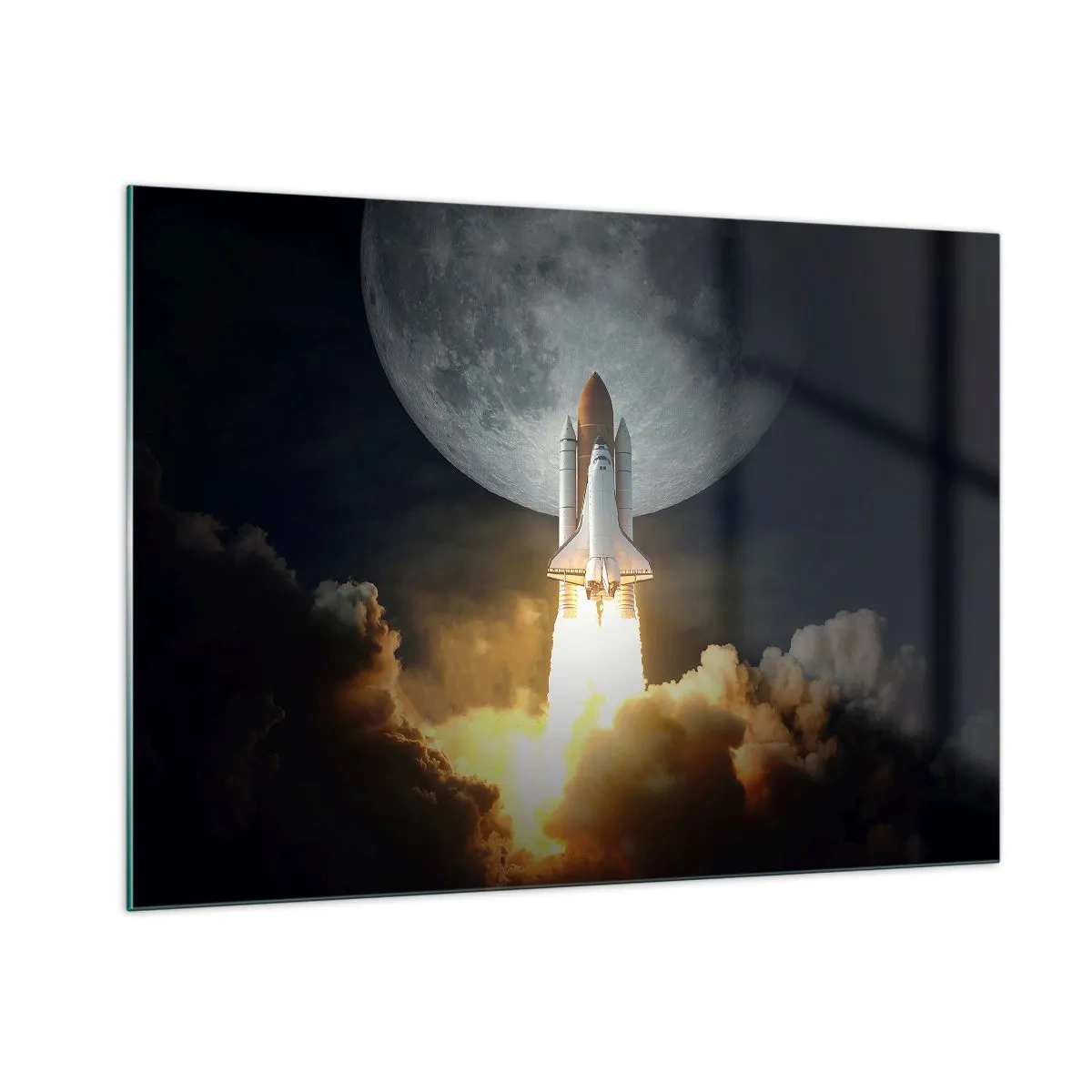 Quadro su vetro - Il lancio di un razzo spaziale sullo sfondo della luna e del cielo notturno. - 100x70cm - L'inizio di un'avventura spaziale - Decorazione murale moderna per soggiorno e camera da letto ARTTOR