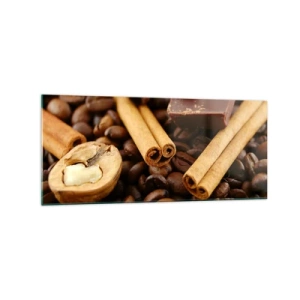Quadro su vetro - Chicchi di caffè con bastoncini di cannella, cioccolato e noci. - 120x50cm - Concerto di sapori - Decorazione murale moderna per soggiorno e camera da letto ARTTOR