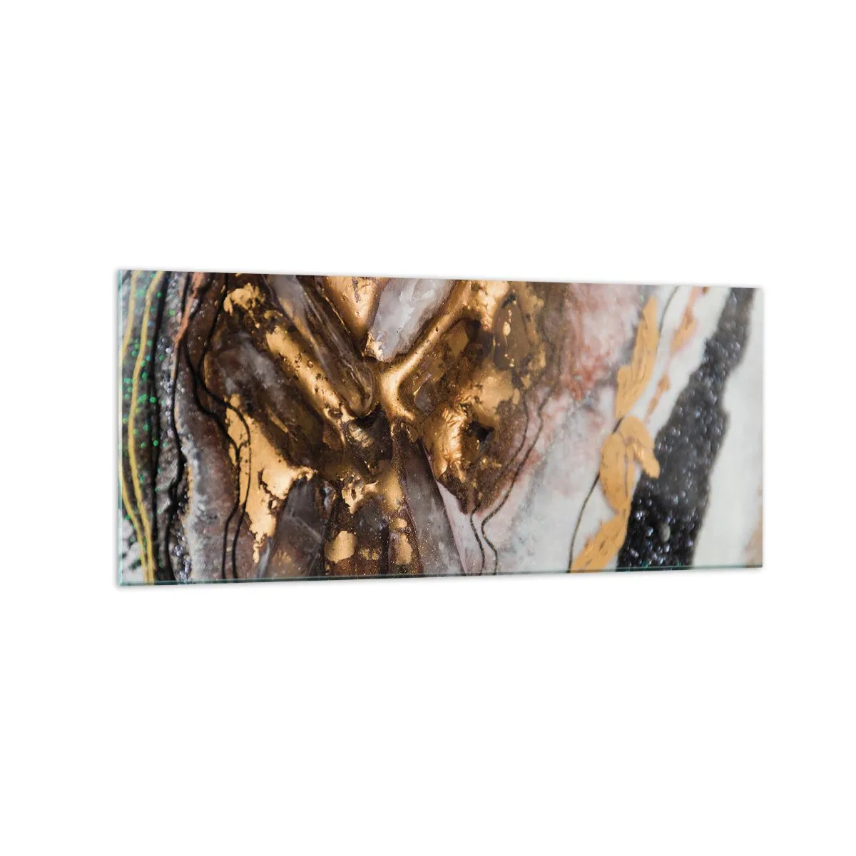 Quadro su vetro - Composizione astratta con elementi in oro e cristalli - 120x50cm - L'elemento della terra - Decorazione murale moderna per soggiorno e camera da letto ARTTOR