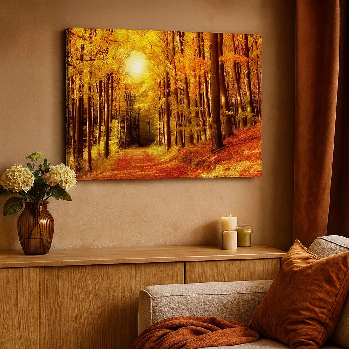 Quadro su tela - Stampe su Tela - Foresta autunnale con raggi di sole che brillano attraverso gli alberi - 70x50cm - Autunno dorato nella via nel bosco - Decorazione murale moderna per soggiorno e camera da letto ARTTOR