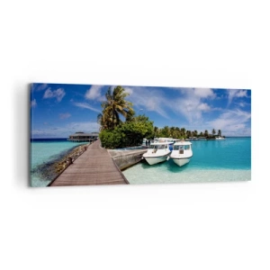 Quadro su tela - Stampe su Tela - Un molo su un mare turchese con barche e palme - 120x50cm - Il paradiso esiste davvero - Decorazione murale moderna per soggiorno e camera da letto ARTTOR