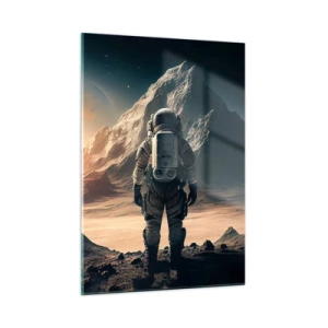 Quadro su vetro - Astronauta su un pianeta alieno con un paesaggio montuoso - 50x70cm - Nuova sfida - Decorazione murale moderna per soggiorno e camera da letto ARTTOR