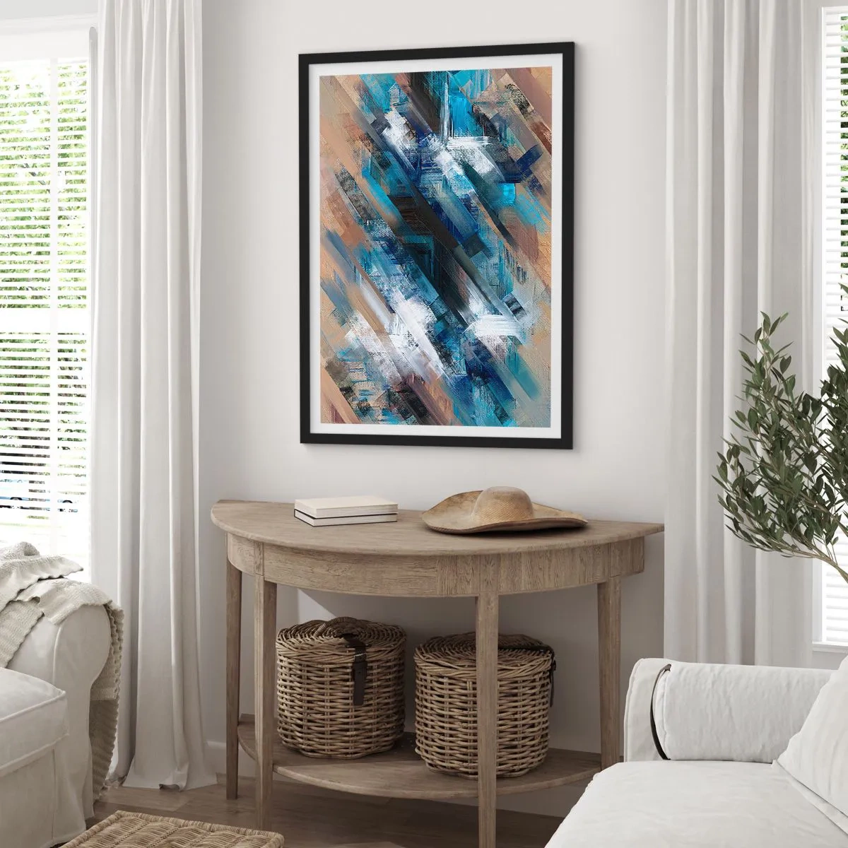 Poster in cornice nera - Una composizione astratta con linee diagonali nelle tonalità del blu. - 50x70cm - Sulla diagonale blu - Decorazione murale moderna per soggiorno e camera da letto ARTTOR
