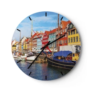 Orologio da parete - Orologio in Vetro - Case colorate e barche nel porto in una giornata di sole - 30x30cm - Riva gioiosa - Decorazione murale moderna per soggiorno, cucina e camera da letto ARTTOR
