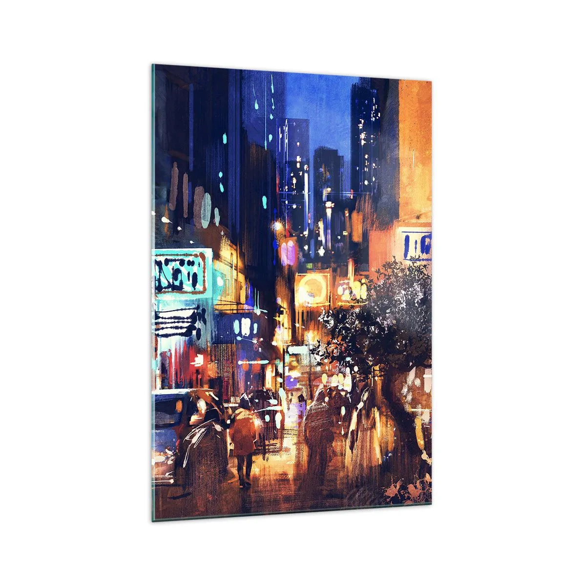 Quadro su vetro - Paesaggio urbano serale in stile impressionista - 70x100cm - Ma la città non dorme - Decorazione murale moderna per soggiorno e camera da letto ARTTOR