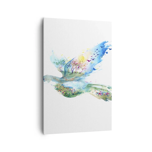 Quadro su tela - Stampe su Tela - Composizione ad acquerello di un uccello con elementi della natura - 80x120cm - Sulle ali della natura - Decorazione murale moderna per soggiorno e camera da letto ARTTOR