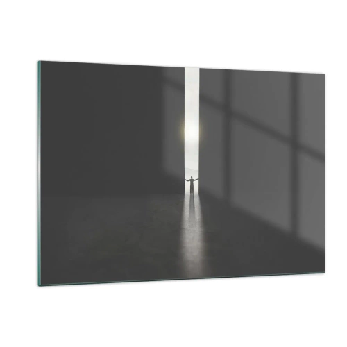 Quadro su vetro - Sagoma di un uomo che apre una porta verso una luce intensa - 120x80cm - Un passo verso un chiaro futuro - Decorazione murale moderna per soggiorno e camera da letto ARTTOR