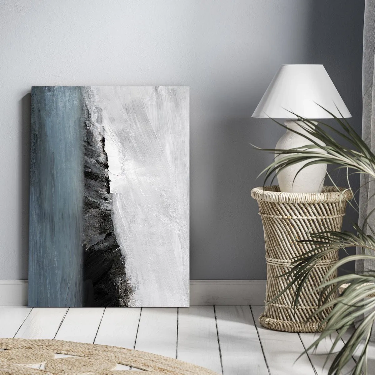 Quadro su tela - Stampe su Tela - Paesaggio astratto con acqua e una costa rocciosa - 50x70cm - Acqua-terra: lo scontro degli elementi - Decorazione murale moderna per soggiorno e camera da letto ARTTOR