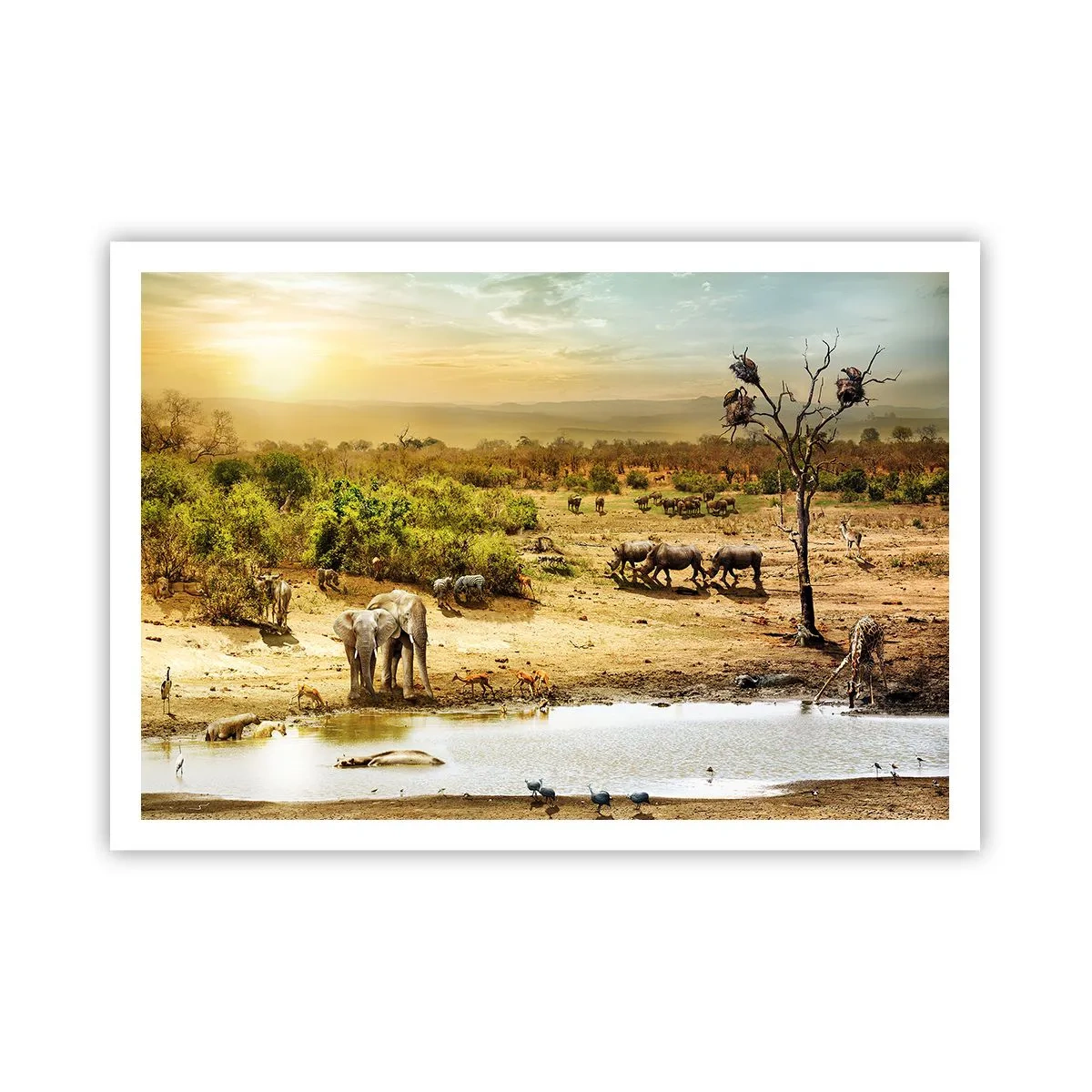Poster - Elefanti e animali selvatici in una pozza d'acqua al tramonto - 100x70cm - "Un fiume usciva da Eden…" - Decorazione murale moderna per soggiorno e camera da letto ARTTOR