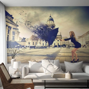 Fotomurali Standard Eco - C'è un vento tale... - Donna, Città, Ombrello misterioso - 200x140 cm
