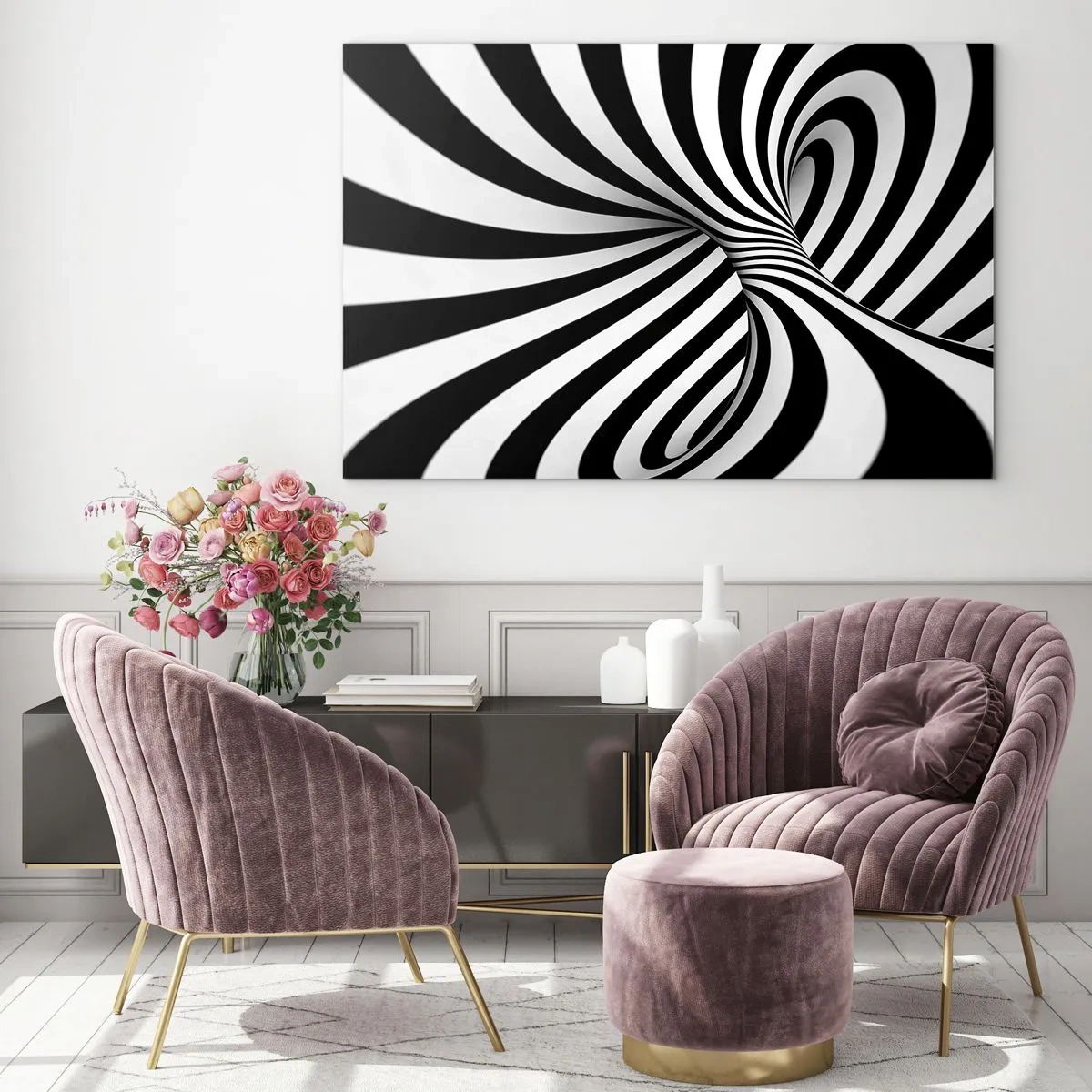 Quadro su vetro - Una spirale bianca e nera che crea un effetto spaziale dinamico. - 100x70cm - Composizione: spazio danzante - Decorazione murale moderna per soggiorno e camera da letto ARTTOR