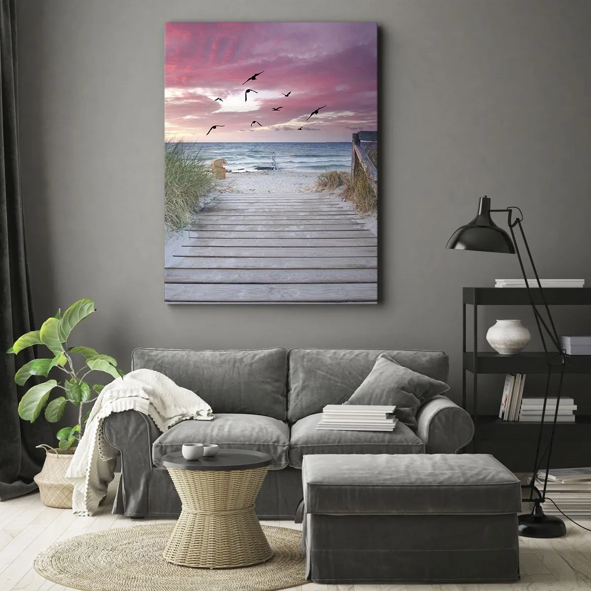 Quadro su tela - Stampe su Tela - Sentiero in legno sulla spiaggia al tramonto rosa - 80x120cm - Impressioni baltiche - Decorazione murale moderna per soggiorno e camera da letto ARTTOR