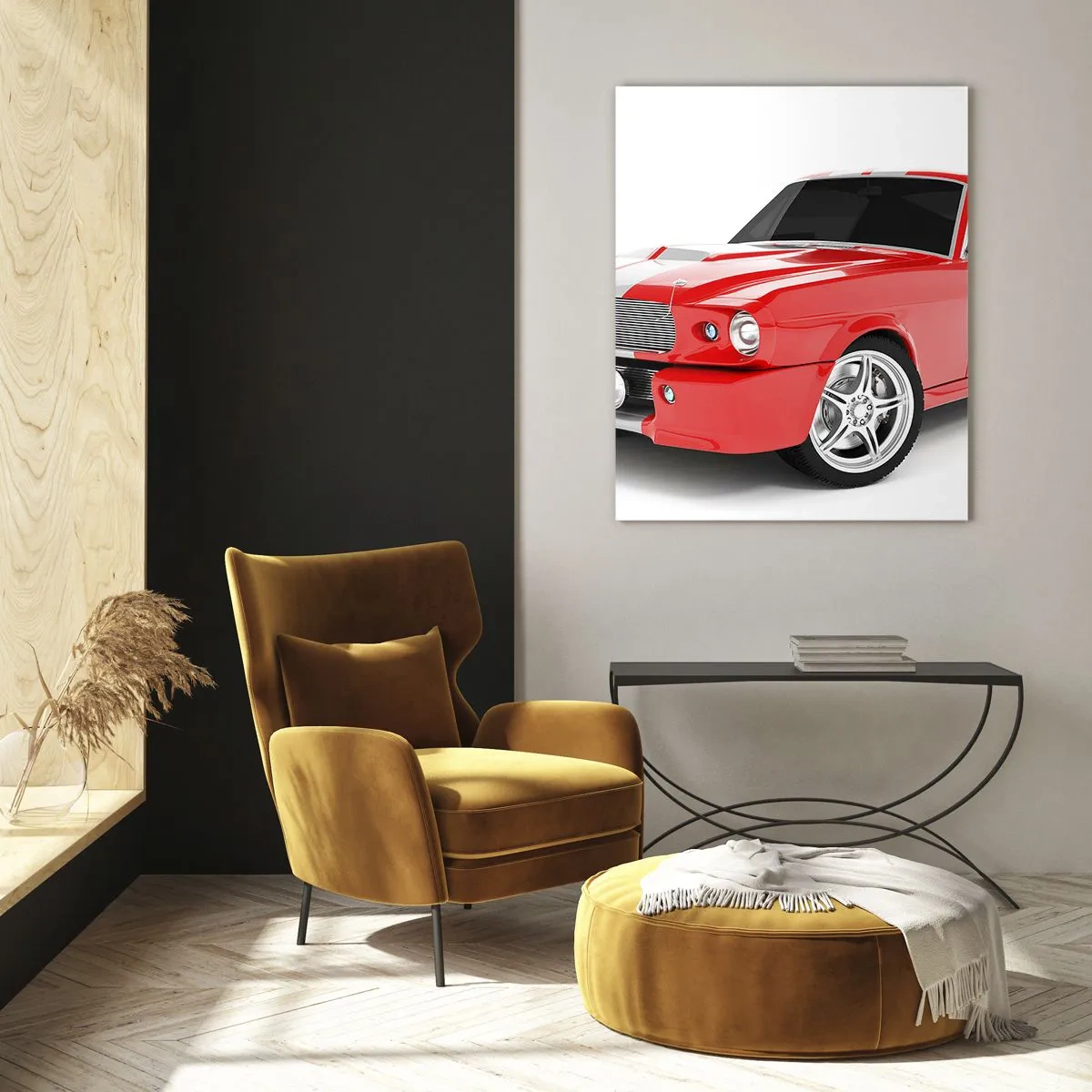 Quadro su vetro - Auto sportiva classica Mustang rossa - 50x70cm - Mustang veloce come il vento - Decorazione murale moderna per soggiorno e camera da letto ARTTOR