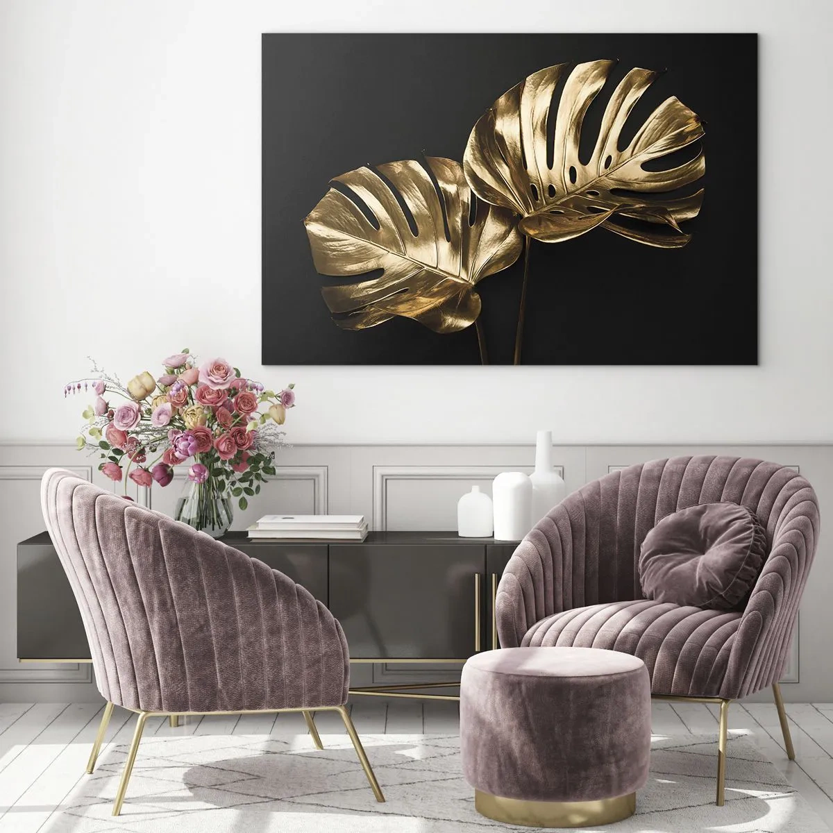 Quadro su vetro - Foglie di monstera dorate su sfondo nero - 70x50cm - I tesori della natura - Decorazione murale moderna per soggiorno e camera da letto ARTTOR