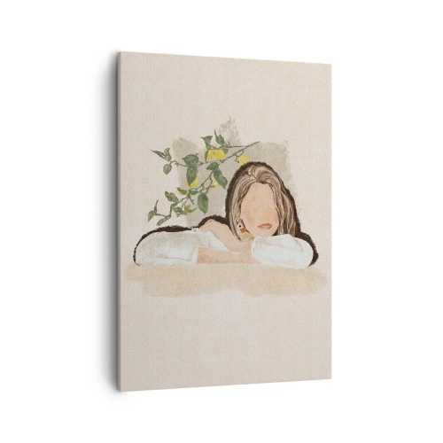 Quadro su tela - Stampe su Tela - La figura di una donna sullo sfondo di un albero di limone - 50x70cm - Bellezza del sud - Decorazione murale moderna per soggiorno e camera da letto ARTTOR
