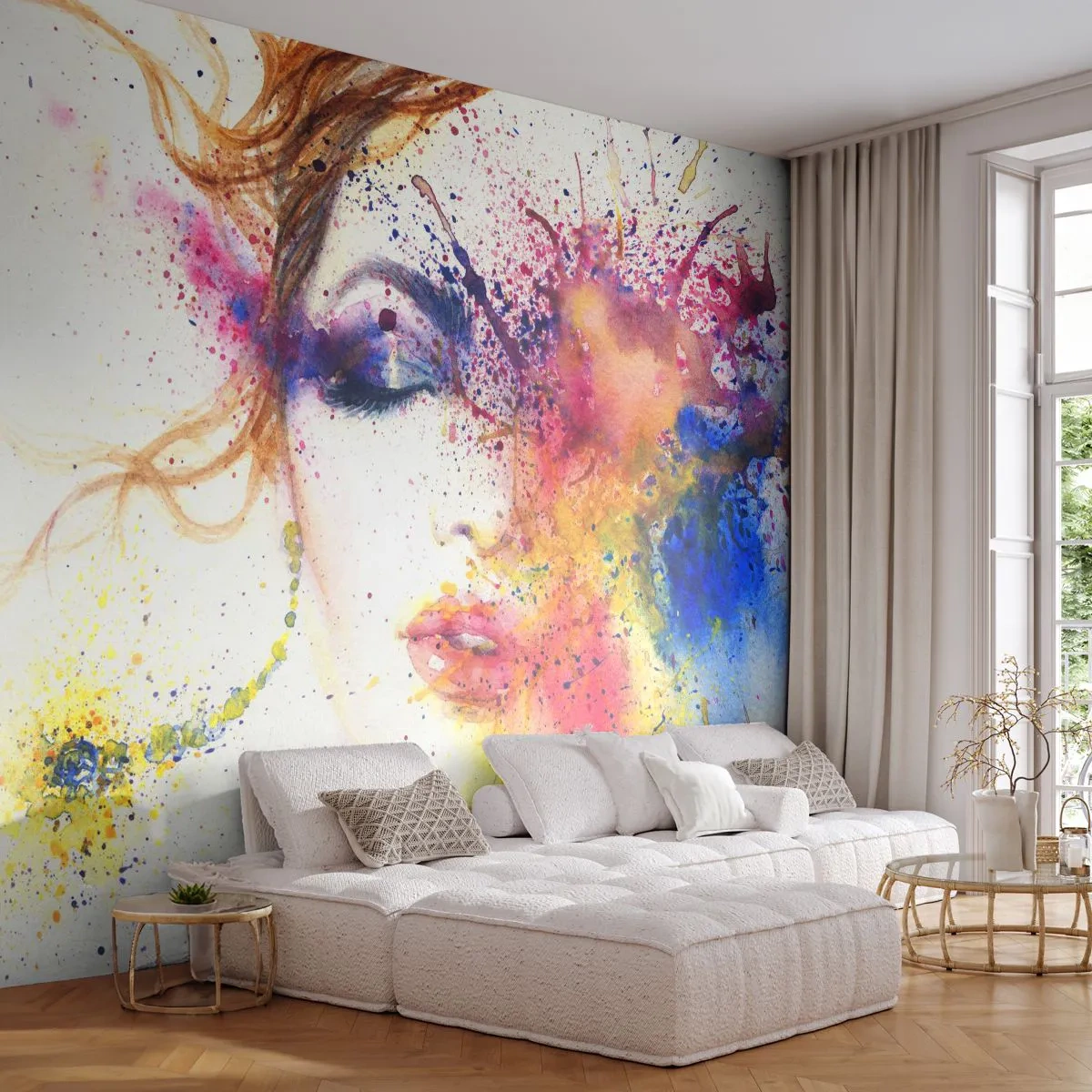 Fotomurali Autoadesivo Deluxe Sticker - Capogiro arcobaleno - Astrazione, Volto di donna, Ritratto di una donna - 200x140 cm