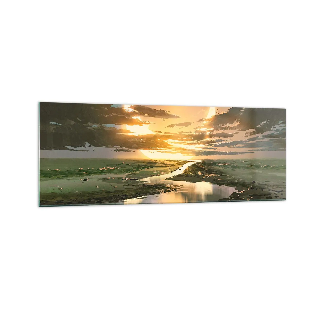 Quadro su vetro - Un paesaggio fantastico con due lune all'orizzonte - 140x50cm - Da qualche parte in una galassia lontana - Decorazione murale moderna per soggiorno e camera da letto ARTTOR