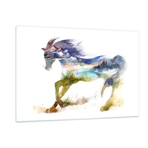 Quadro su vetro - Acquerello di un cavallo con un paesaggio montano in silhouette - 120x80cm - Direttamente dal prato al cielo - Decorazione murale moderna per soggiorno e camera da letto ARTTOR