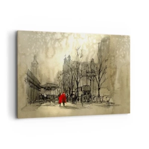 Quadro su tela - Stampe su Tela - Una figura rossa in un nostalgico contesto urbano - 120x80cm - Appuntamento nella nebbia di Londra  - Decorazione murale moderna per soggiorno e camera da letto ARTTOR