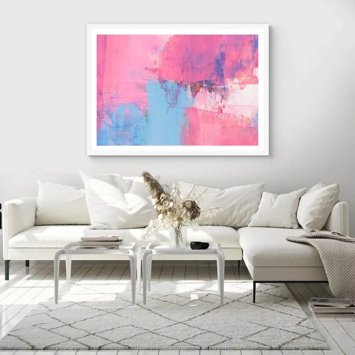 Poster in cornice bianca - Rosa, blu e un pizzico di luce - 70x50 cm