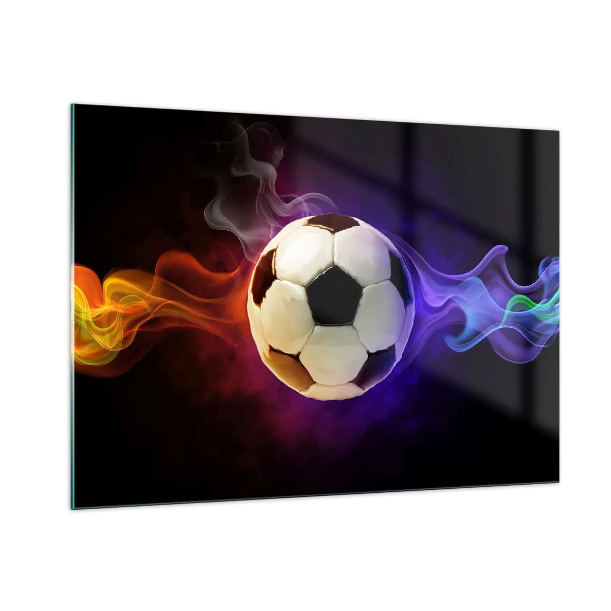 Quadro su vetro - Un pallone da calcio circondato da strisce colorate - 100x70cm - La forza magica del gioco - Decorazione murale moderna per soggiorno e camera da letto ARTTOR