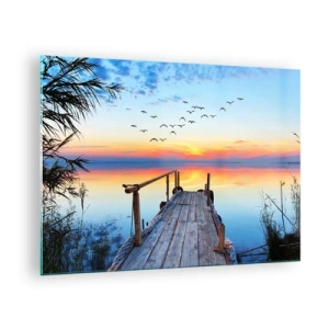 Quadro su vetro - Un molo di legno sopra un lago al tramonto con uno stormo di uccelli che vola sopra la testa - 70x50cm - Il tempo del ritorno - Decorazione murale moderna per soggiorno e camera da letto ARTTOR