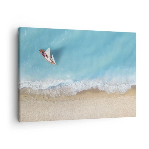 Quadro su tela - Stampe su Tela - Una vista a volo d'uccello di una barca sulla spiaggia - 70x50cm - Al confine del blu e dell'oro - Decorazione murale moderna per soggiorno e camera da letto ARTTOR