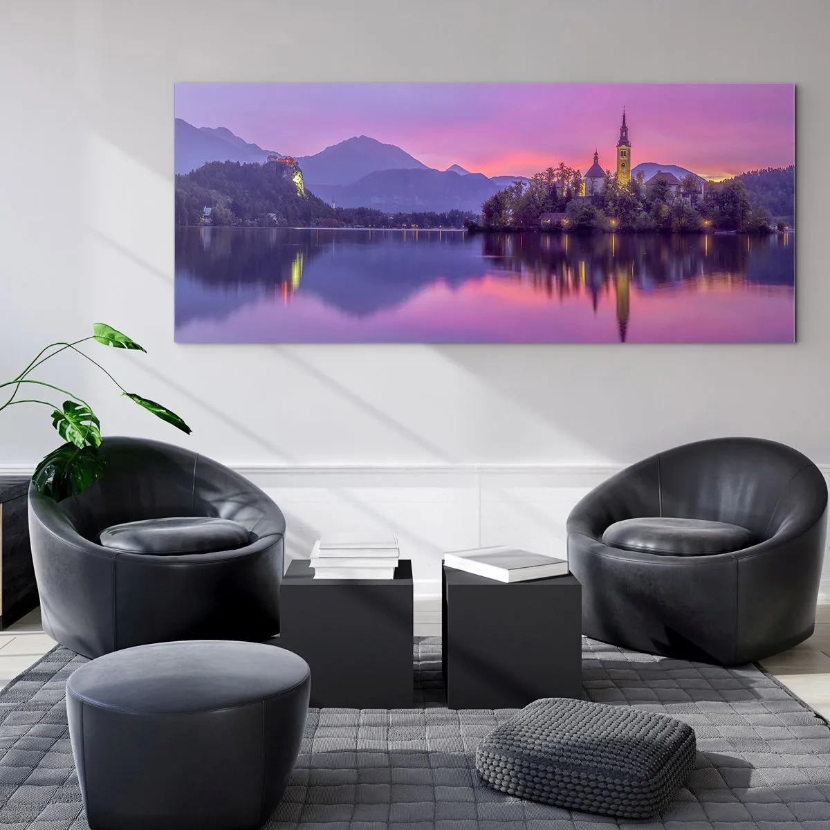 Quadro su vetro - Lago con un'isola e una chiesa al tramonto - 160x50cm - Isola favolosa al crepuscolo - Decorazione murale moderna per soggiorno e camera da letto ARTTOR