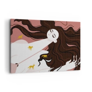 Quadro su tela - Stampe su Tela - Una figura con gli occhi chiusi circondata da cavalli dorati - 100x70cm - Il sogno del cavallo d'oro - Decorazione murale moderna per soggiorno e camera da letto ARTTOR